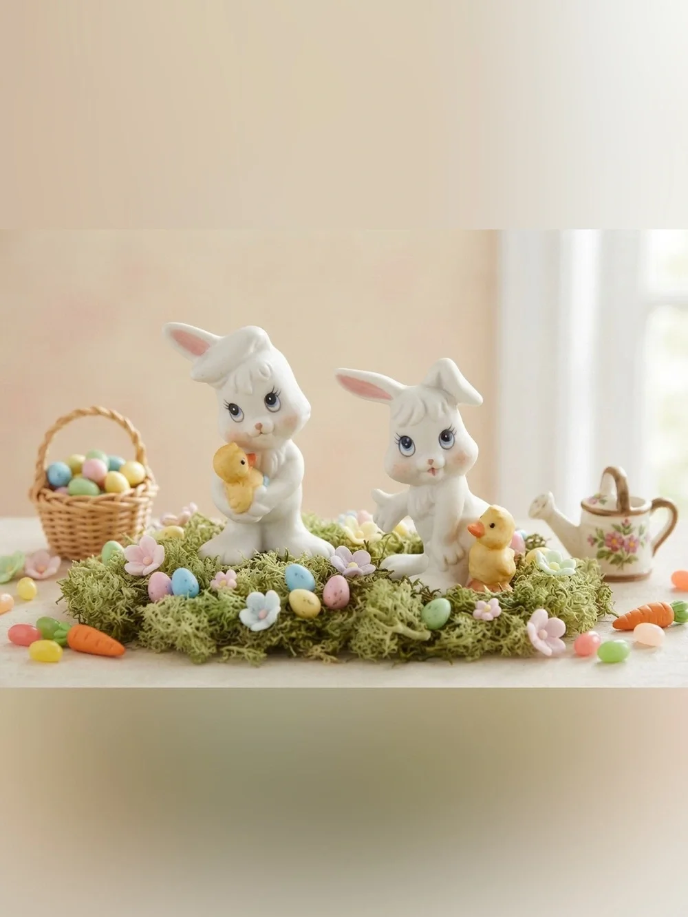 Vintage Homco White and Yellow Ceramic Easter Bunny Figurines 1980’s- 1990’s